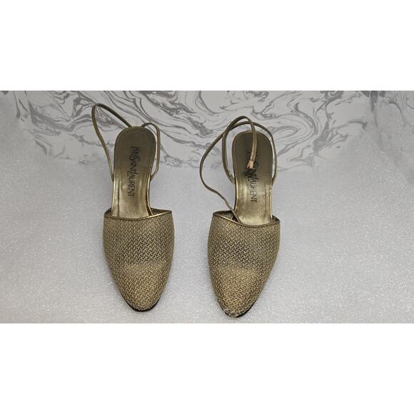 Yves Saint Laurent Women’s Gold Mesh Ankle Strap Heel Shoe Size 7 M - Picture 1 of 10